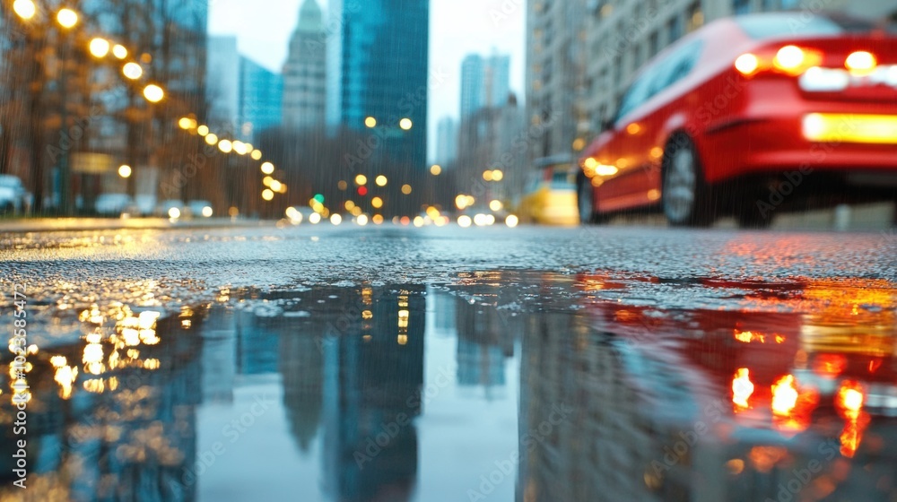 Fototapeta premium Rainy Night City Street with Reflections and Blurred Car Lights