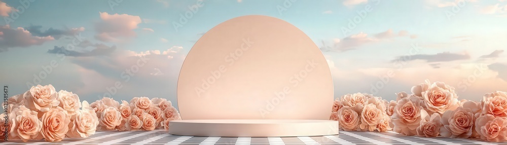 Fototapeta premium Elegant display with pink roses and dome.