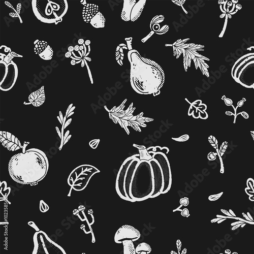 Trendy minimalism modern vegetable pattern Grunge, shabby texture of elements Scandinavian motifs Vector seamless pattern