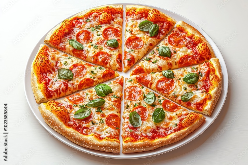 A Freshly Baked Pepperoni Pizza with Basil on a White Plate A Freshly Baked Pepperoni Pizza with Basil on a White Plate