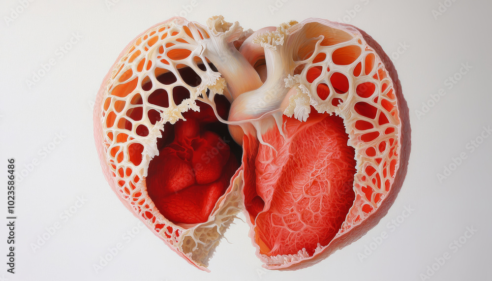 Fototapeta premium A close-up of the heart's interior, showing the symmetry of the atria and ventricles, with their corresponding valves positioned in balance on each side.
