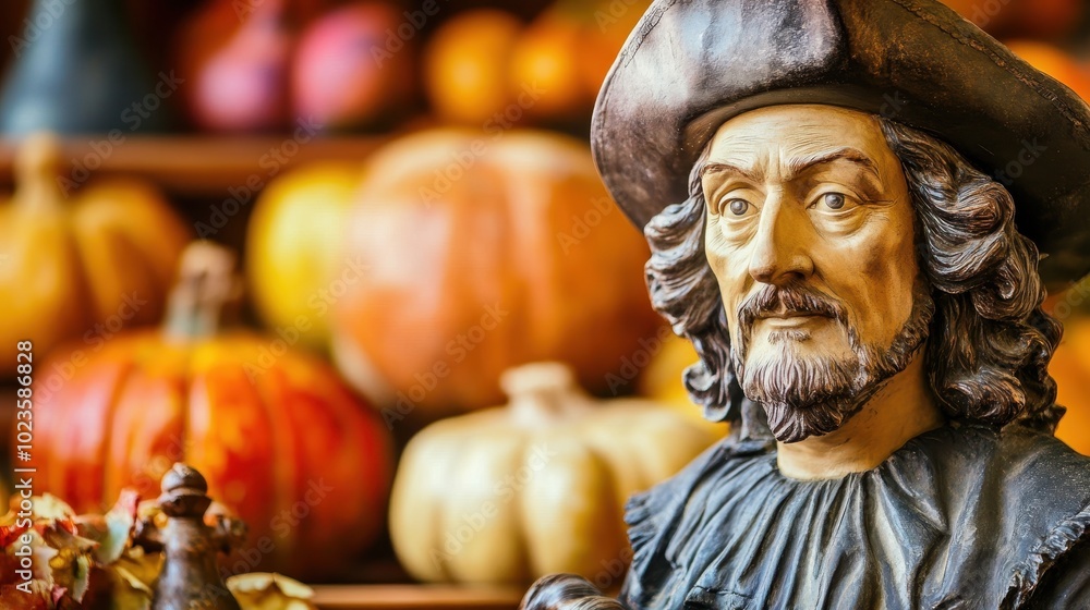 The statue stands prominently in front of colorful pumpkins, evoking a festive autumn spirit The statue stands prominently in front of colorful pumpkins, evoking a festive autumn spirit