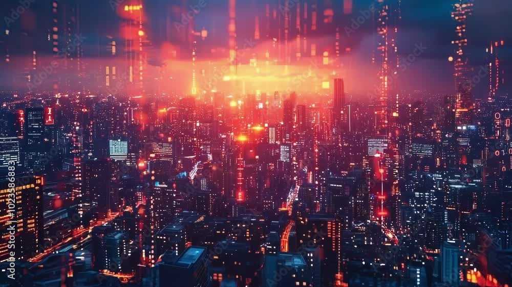 Streams of binary code are falling on a futuristic cityscape at night, creating a mesmerizing spectacle of technology and urban life Streams of binary code are falling on a futuristic cityscape at night, creating a mesmerizing spectacle of technology and urban life
