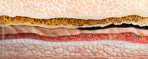 A cross-sectional 3D view of the skins layers, showing the interaction between the epidermis, dermis, and hypodermis, with a focus on cellular structure and function.