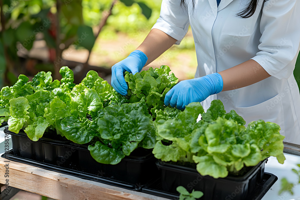 A woman in a white lab coat and blue gloves is inspecting lettuce plants in a greenhouse. A woman in a white lab coat and blue gloves is inspecting lettuce plants in a greenhouse.