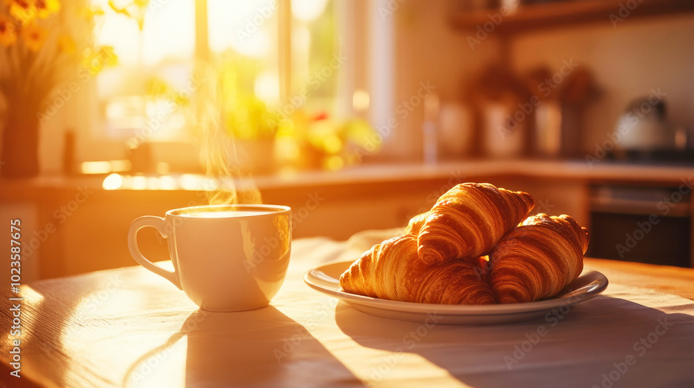 Cozy morning breakfast with fresh coffee and croissants in a sunlit kitchen Cozy morning breakfast with fresh coffee and croissants in a sunlit kitchen