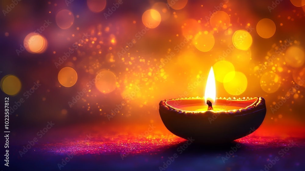 A beautifully lit oil lamp with a vibrant bokeh background, symbolizing the celebration of the Festival of Lights. A beautifully lit oil lamp with a vibrant bokeh background, symbolizing the celebration of the Festival of Lights.