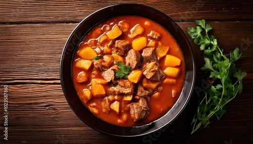  Flemish Stew ( Stoofvlees ) in black bowl on rustic wooden table. top view