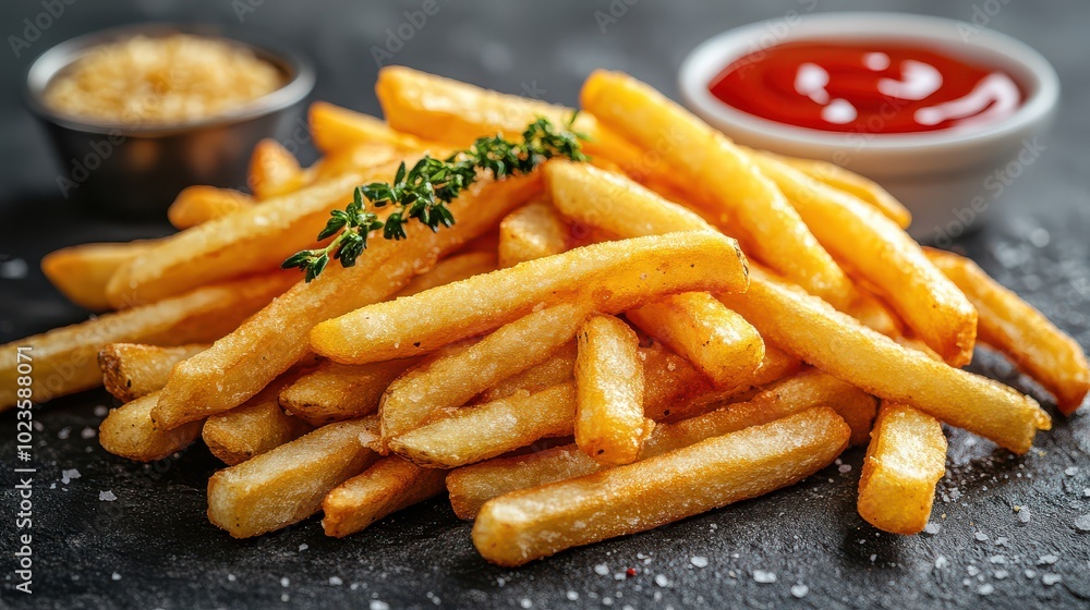 French Fries with Thyme and Ketchup on Dark Background French Fries with Thyme and Ketchup on Dark Background