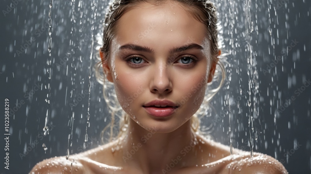 Obraz premium A woman enjoys a refreshing shower, applying shower gel with a relaxed expression. The water and lather create a soothing atmosphere, reflecting self-care