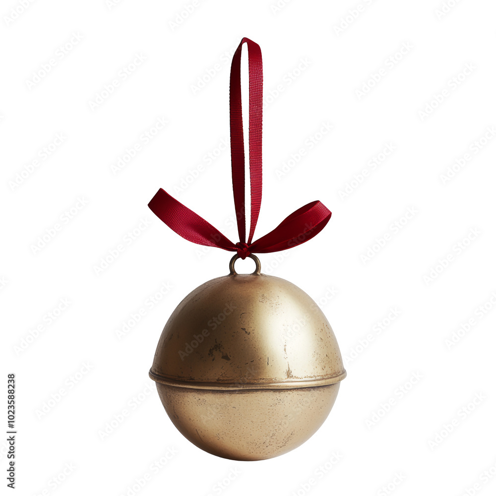 A round and golden bell with red ribbon. Transparent background. A round and golden bell with red ribbon. Transparent background.
