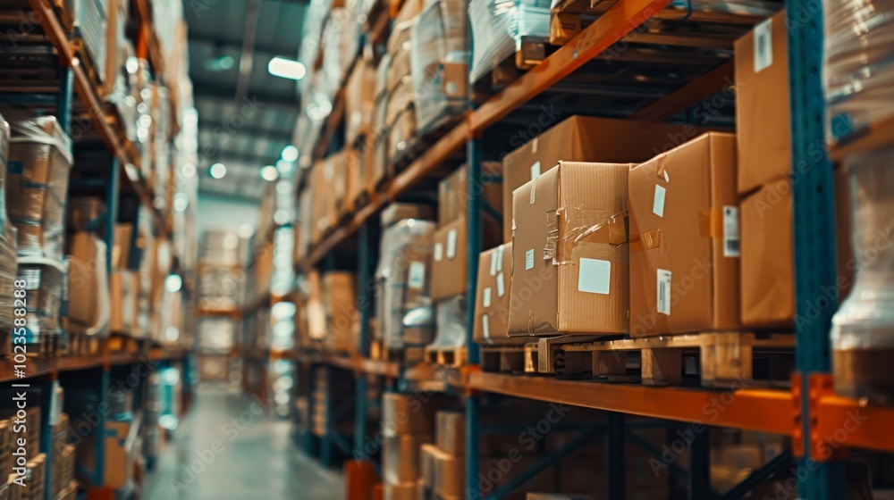 A well-organized warehouse filled with rows of stacked cardboard boxes on pallets, This image is ideal for showcasing logistics, inventory management, or supply chain operations,
