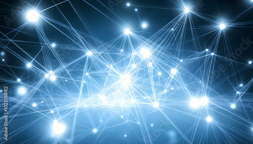 Abstract blue background with glowing white points connected by a network of lines.