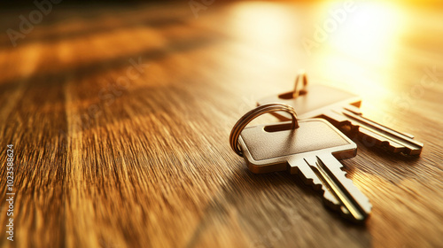 Realistic house keys placed on a wooden table captured in soft natural lighting for a minimalistic look