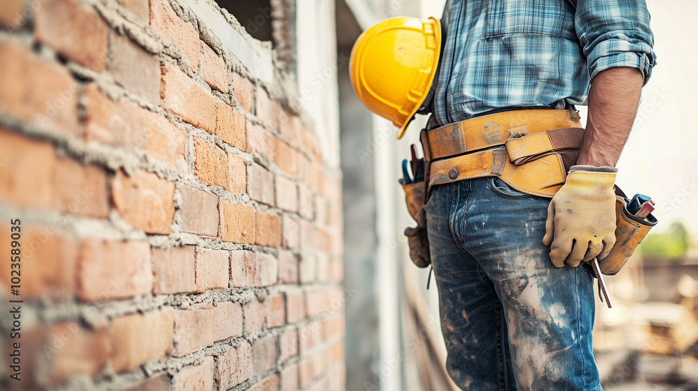 Male builder on the background of a construction site. A construction worker. Builder standing next to a brick wall. Concept of hard work and craftsmanship. Construction, repair Male builder on the background of a construction site. A construction worker. Builder standing next to a brick wall. Concept of hard work and craftsmanship. Construction, repair