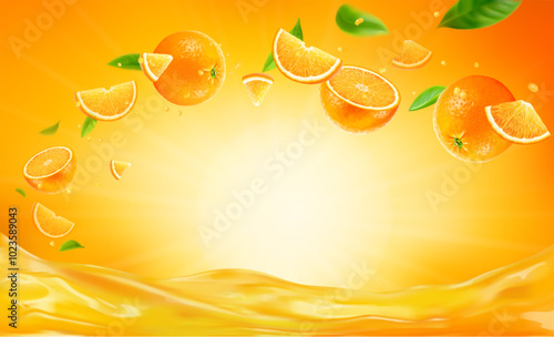 3d realistic vector horizontal banner, orange juice splash, orange juice color background with flying leaves for your design, ads