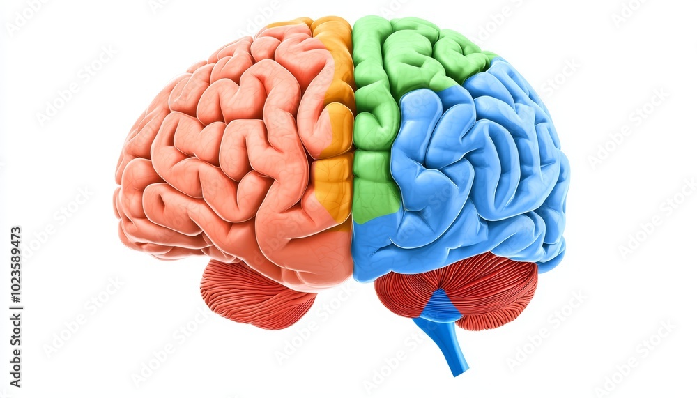 A detailed diagram of the human brain, showing the different lobes, cerebellum, brainstem, and major neural pathways. A detailed diagram of the human brain, showing the different lobes, cerebellum, brainstem, and major neural pathways.