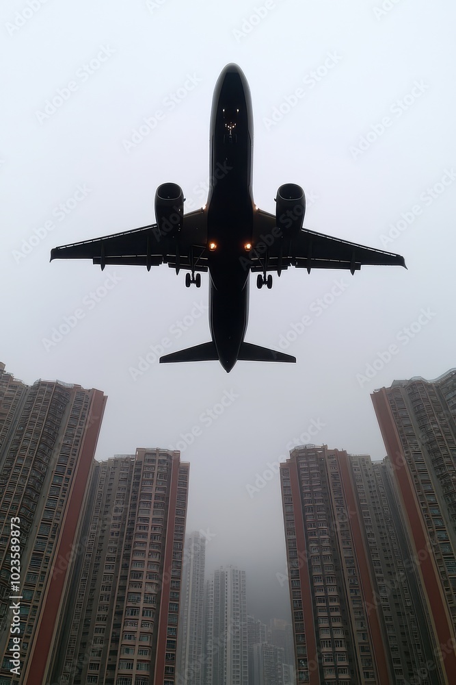 Low-angle shot of an airplane flying between fog-covered skyscrapers Low-angle shot of an airplane flying between fog-covered skyscrapers