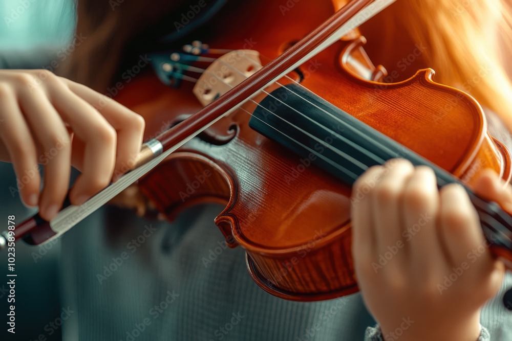 Musician is playing a violin with a bow on the strings Musician is playing a violin with a bow on the strings