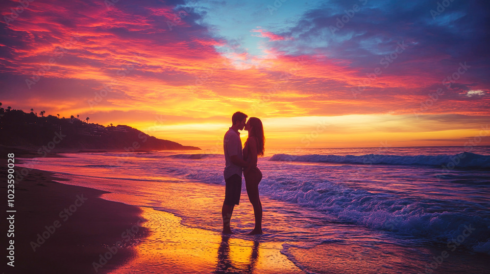 Couple sharing a passionate kiss on a beach at sunset with vibrant skies and gentle waves in the background Couple sharing a passionate kiss on a beach at sunset with vibrant skies and gentle waves in the background
