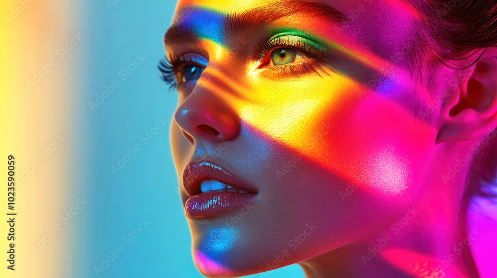 An elegant woman illuminated by rainbow lighting creating a stunning visual effect in a modern editorial style setting An elegant woman illuminated by rainbow lighting creating a stunning visual effect in a modern editorial style setting