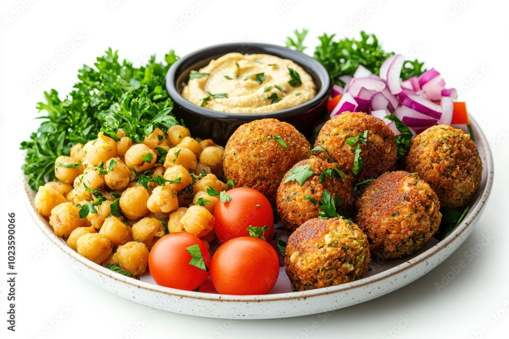 Falafel, Hummus, Chickpeas, Tomatoes, Red Onion, Parsley on Plate Falafel, Hummus, Chickpeas, Tomatoes, Red Onion, Parsley on Plate