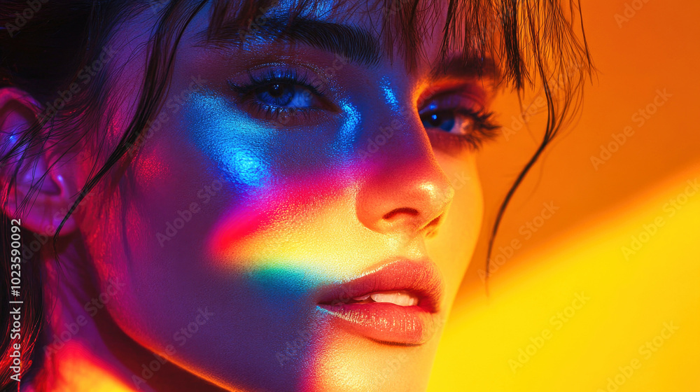 An elegant woman illuminated by vibrant rainbow colors against a warm backdrop, showcasing modern editorial beauty An elegant woman illuminated by vibrant rainbow colors against a warm backdrop, showcasing modern editorial beauty