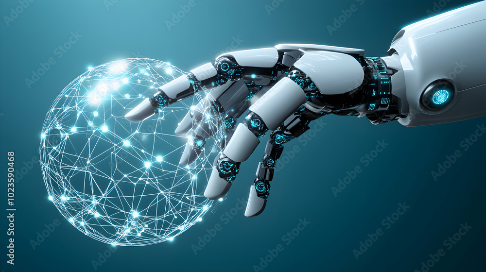 A robotic hand reaches out to grasp a glowing sphere of connected dots, representing a global network or interconnectedness. A robotic hand reaches out to grasp a glowing sphere of connected dots, representing a global network or interconnectedness.