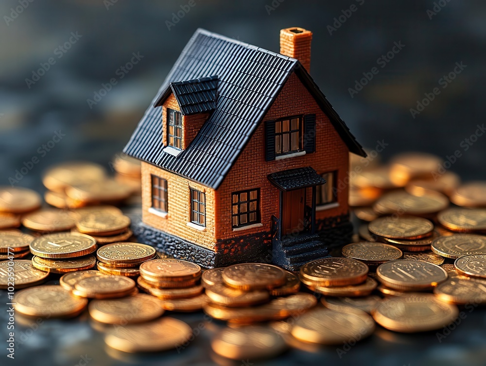 small model house surrounded by a circle of coins, symbolizing the concept of buying and selling homes, showcasing financial aspects of real estate in a creative design small model house surrounded by a circle of coins, symbolizing the concept of buying and selling homes, showcasing financial aspects of real estate in a creative design
