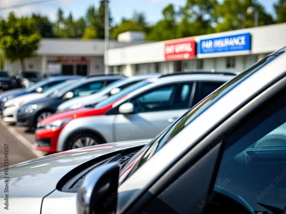 Cars are parked in a lot in front of a car dealership Cars are parked in a lot in front of a car dealership