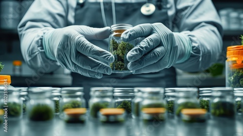 A lab technician in gloves handles a jar filled with green plant material, surrounded by similar containers, This image can be used for articles on cannabis processing, research, or health, photo