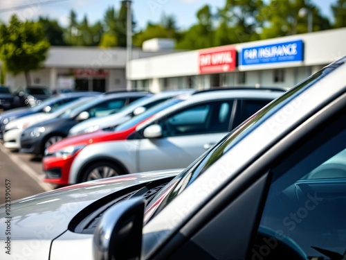 Cars are parked in a lot in front of a car dealership