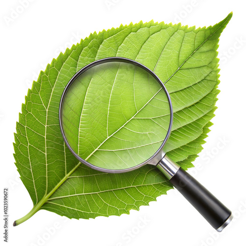 Magnifying glass over green leaf, isolated on transparent or white background.