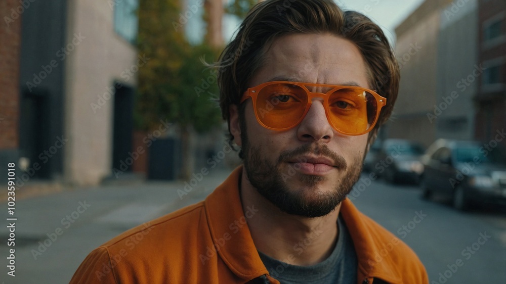Attractive young man wearing orange jacket and sunglasses on a city street during daytime, showcasing a stylish urban vibe. Attractive young man wearing orange jacket and sunglasses on a city street during daytime, showcasing a stylish urban vibe.