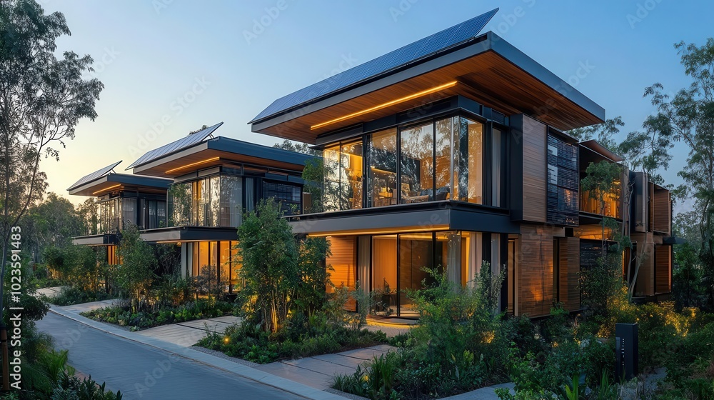 row of contemporary houses with sleek solar panels gleaming on their roofs set against a clear blue sky representing sustainable living and modern architectural design that harmonizes with nature row of contemporary houses with sleek solar panels gleaming on their roofs set against a clear blue sky representing sustainable living and modern architectural design that harmonizes with nature