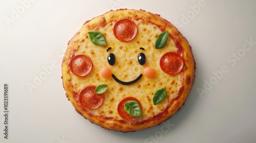 A Smiling Pepperoni Pizza with Basil Leaves