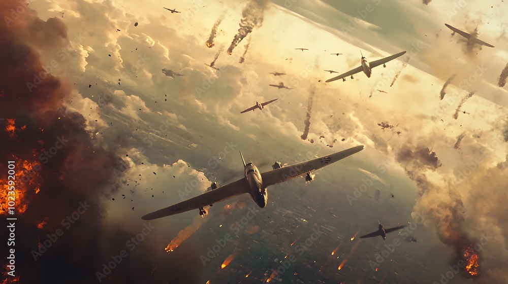 Naklejka premium A dramatic aerial scene depicting aircraft in a chaotic battle with explosions and smoke in the background.