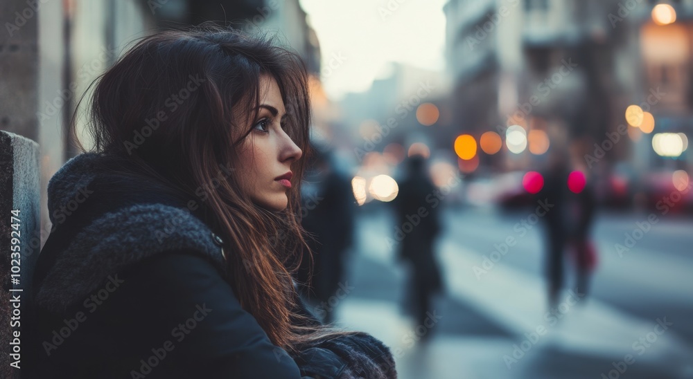 Pensive woman in city street at dusk with blurred lights Pensive woman in city street at dusk with blurred lights
