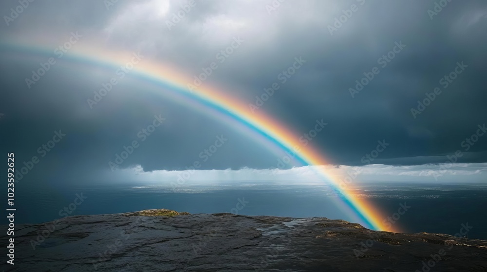 9 Rainbow arching across a cloudy sky after a rainstorm, colorful weather phenomenon 9 Rainbow arching across a cloudy sky after a rainstorm, colorful weather phenomenon
