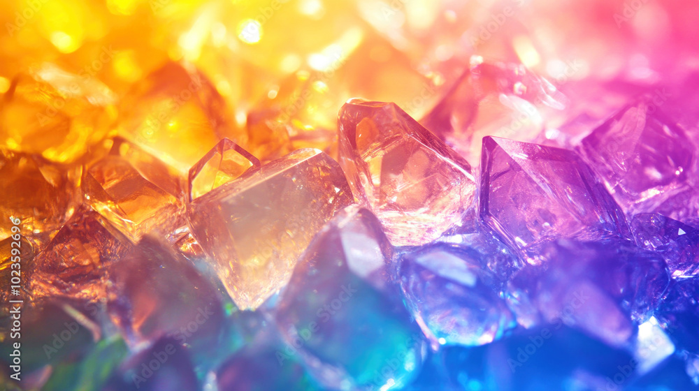 Vivid rainbow spectrum crystals sparkling in bright light against a colorful gradient background Vivid rainbow spectrum crystals sparkling in bright light against a colorful gradient background