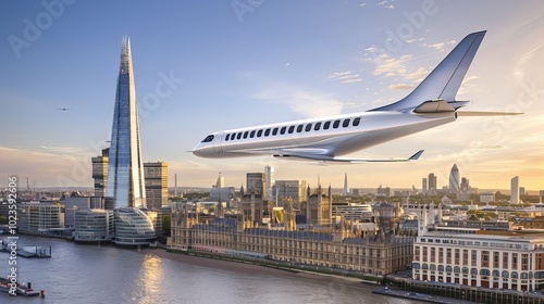 Sleek electric air taxi hovering above futuristic city skyline, smooth aerodynamic design, golden hour sunlight, modern transportation concept.