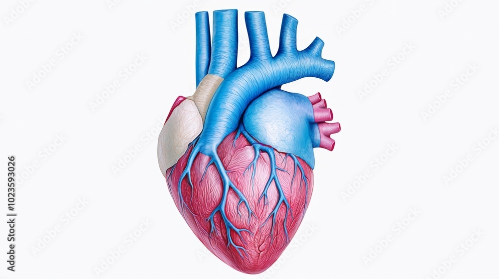A frontal view of the human heart, with the coronary arteries and veins arranged symmetrically around the hearts central axis. A frontal view of the human heart, with the coronary arteries and veins arranged symmetrically around the hearts central axis.