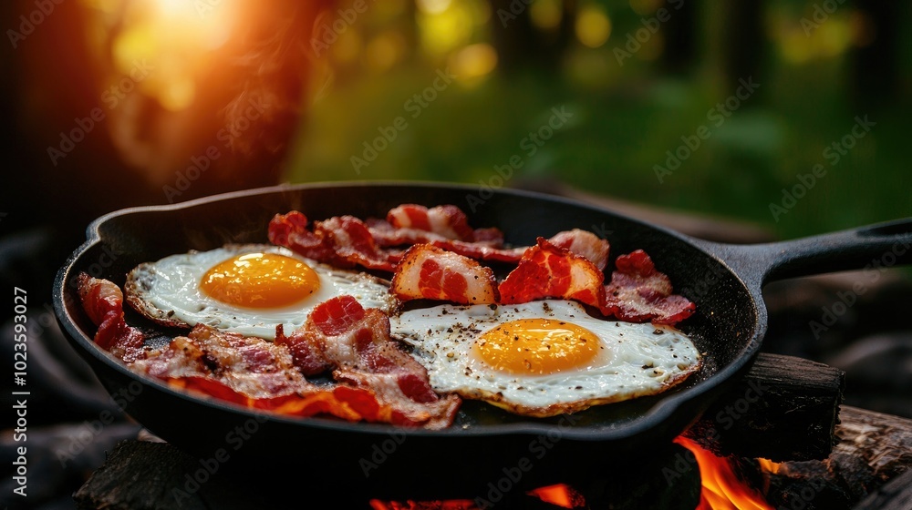 Fried eggs and bacon in a skillet on an outdoor fire. Fried eggs and bacon in a skillet on an outdoor fire.