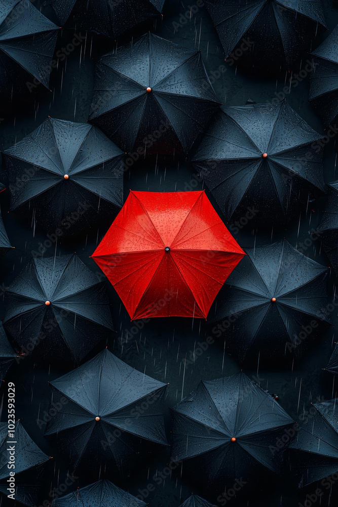 looking down onto lots of black umbrellas in heavy rain with one umbrella being bright red and a small beam of light illuminating the re umbrella looking down onto lots of black umbrellas in heavy rain with one umbrella being bright red and a small beam of light illuminating the re umbrella