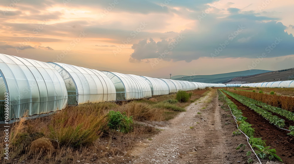 Greenhouse filled with plants and greenhouses. The sky is cloudy and the sun is shining through the clouds Greenhouse filled with plants and greenhouses. The sky is cloudy and the sun is shining through the clouds