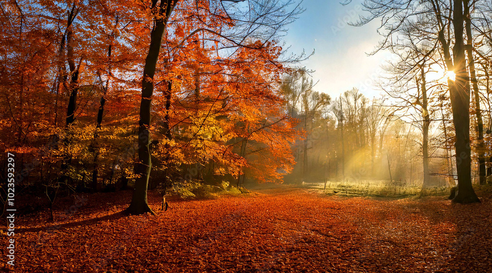 Fototapeta premium Morning mists and sun autumn forest with gold and red leaves