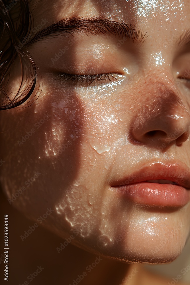 A woman with a wet face and a shadow on her face. A woman with a wet face and a shadow on her face.