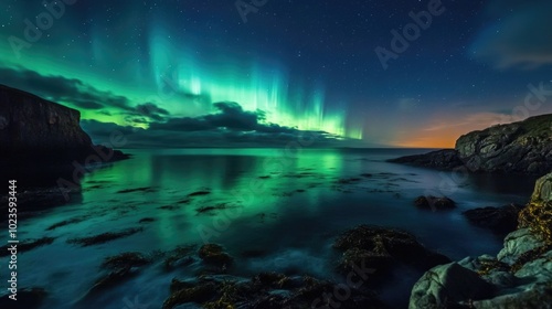 Vibrant aurora borealis dances over calm ocean waters by a rocky coastline under moonlight