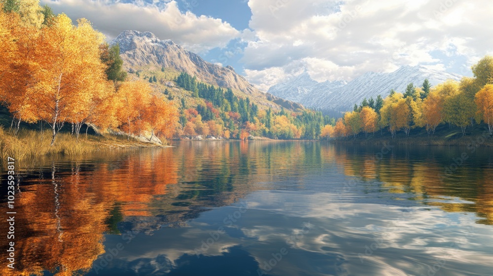 Tranquil mountain river with autumn colors reflecting on calm water in picturesque landscape Tranquil mountain river with autumn colors reflecting on calm water in picturesque landscape