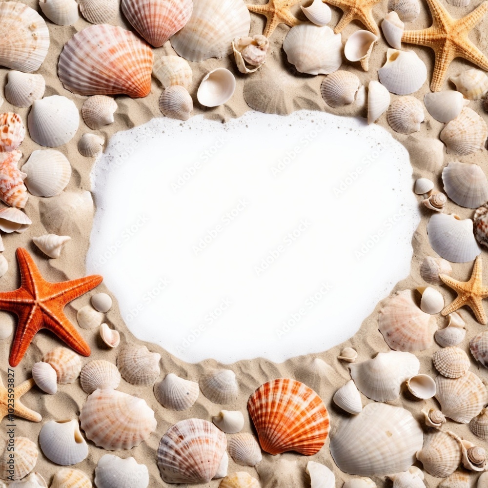 Sand and sea shells beach theme background isolated on white Sand and sea shells beach theme background isolated on white